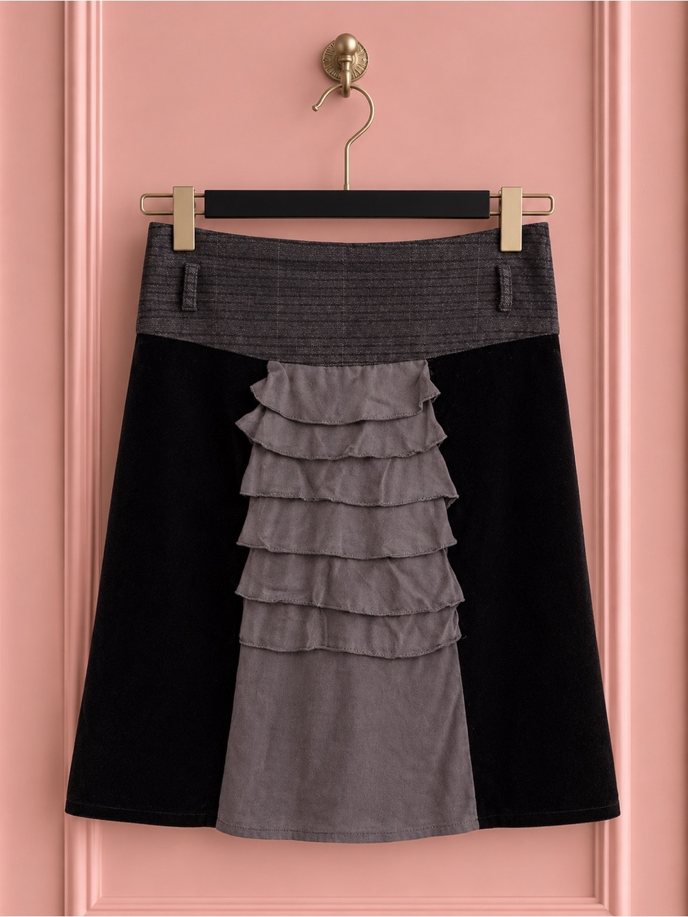 Black Velvet and Gray Silk Ruffle Front Skirt Size S